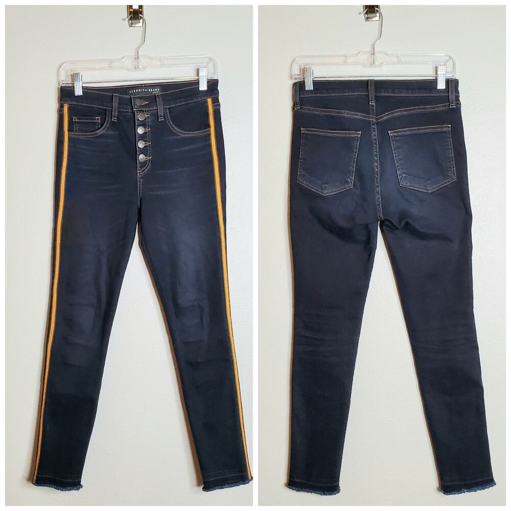 Veronica Beard Debbie 10" Skinny Side Stripe Jeans Dark Slate Wash Size 25